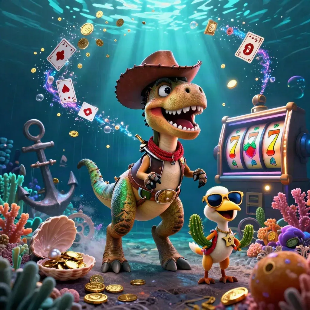 Cowboy T-Rex, cactus, and roadrunner amid treasure, coral, coins, and neon underwater casino effects