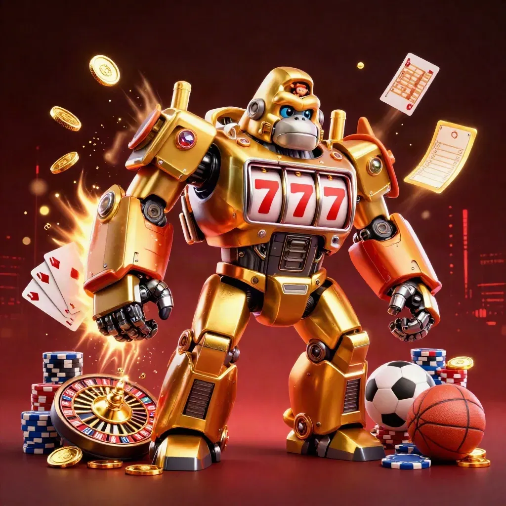 Golden gorilla mech with monkey pilot, coins, chips, cards, roulette wheel, and sports props exploding in casino glow.