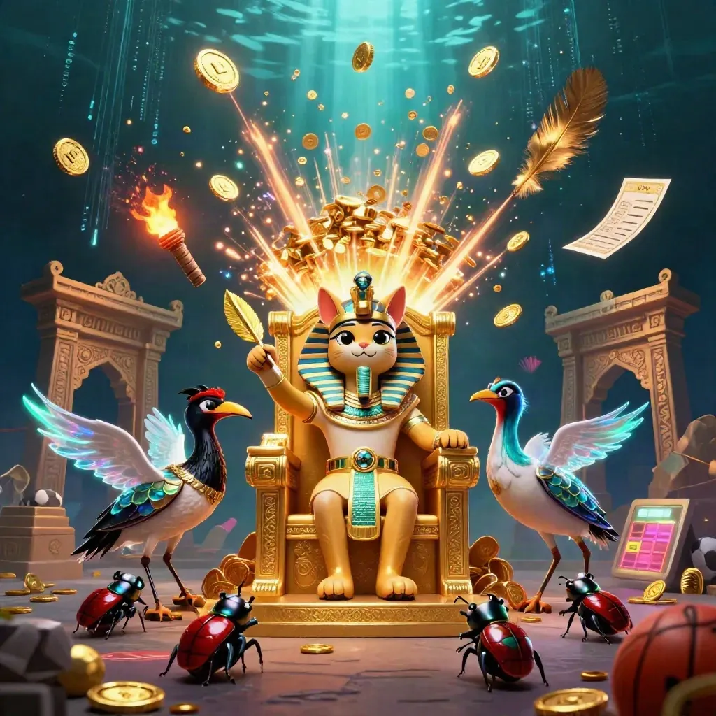 Pharaoh cat, ibis scribe, and scarab beetles amid coins, fireworks, and casino glow.