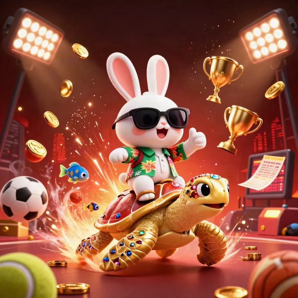 Lucky rabbit on golden turtle amid coins, trophies, sports balls, fireworks, and casino glow.
