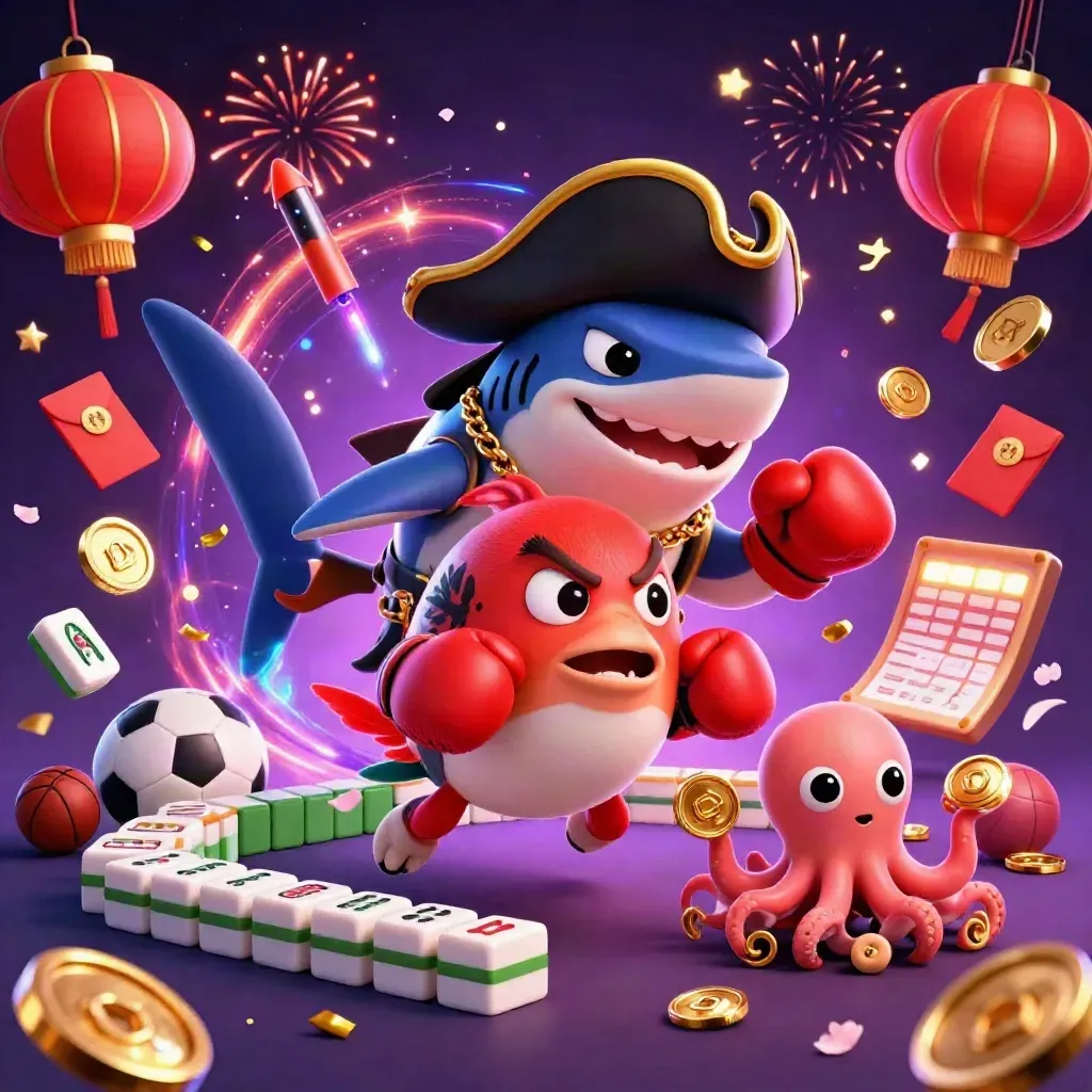 Pirate shark, red pufferfish and baby octopus amid coins, lanterns, fireworks and casino luck.
