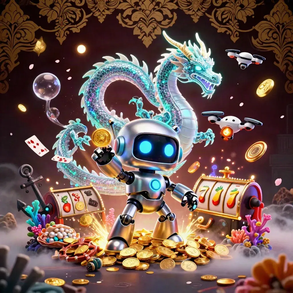 Robot, hologram dragon, and coin drone burst through a jeweled underwater casino treasure cove.