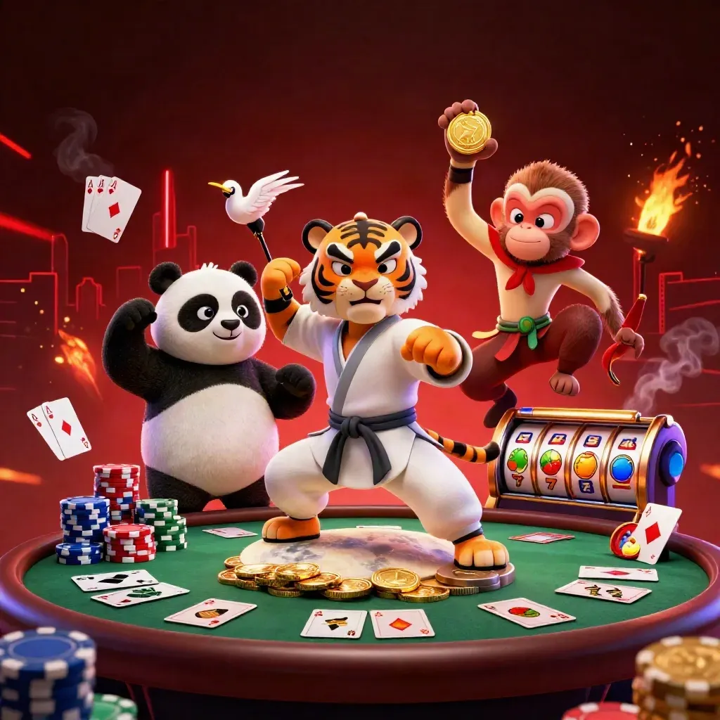 Tiger master, panda disciple, and monkey thief amid chips, reels, and a dark casino glow