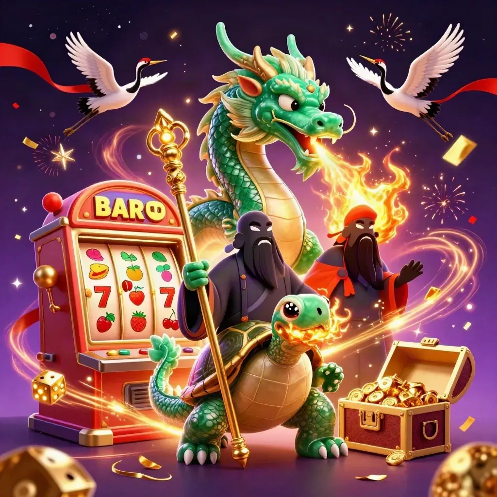 Emerald dragon, turtle sage, and cranes amid gold fire, slot symbols, and jackpot glow.
