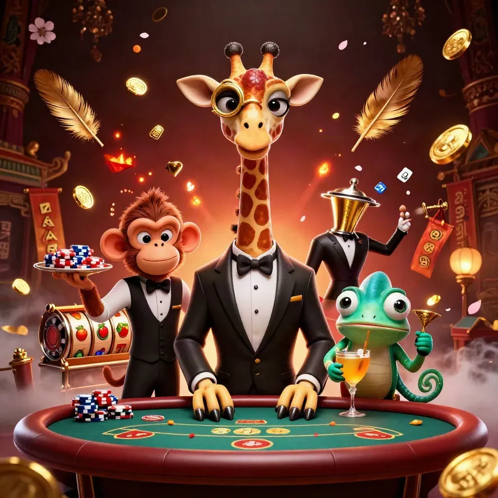 Giraffe, monkey valet, and chameleon bartender in a neon casino tableau with coins, reels, and temple gate.