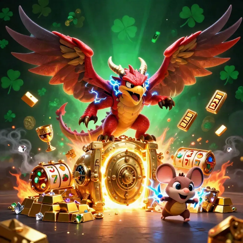 Thunder dragon, wind hawk, and static mouse burst from a gold vault amid casino loot and lightning.