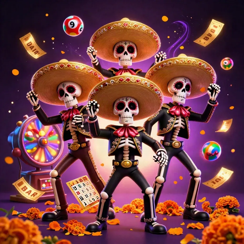 Skeleton mariachi trio amid casino icons, gold sparkles, and purple neon glow.