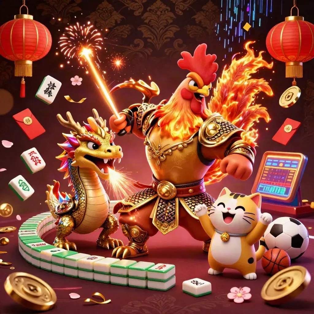 Rooster samurai, dragon hatchling, fortune cat amid casino loot and neon energy.