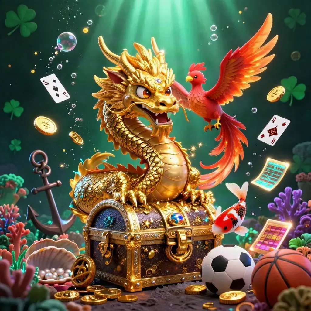 Golden dragon with phoenix, koi, treasure chest, casino symbols, and glowing underwater lights.