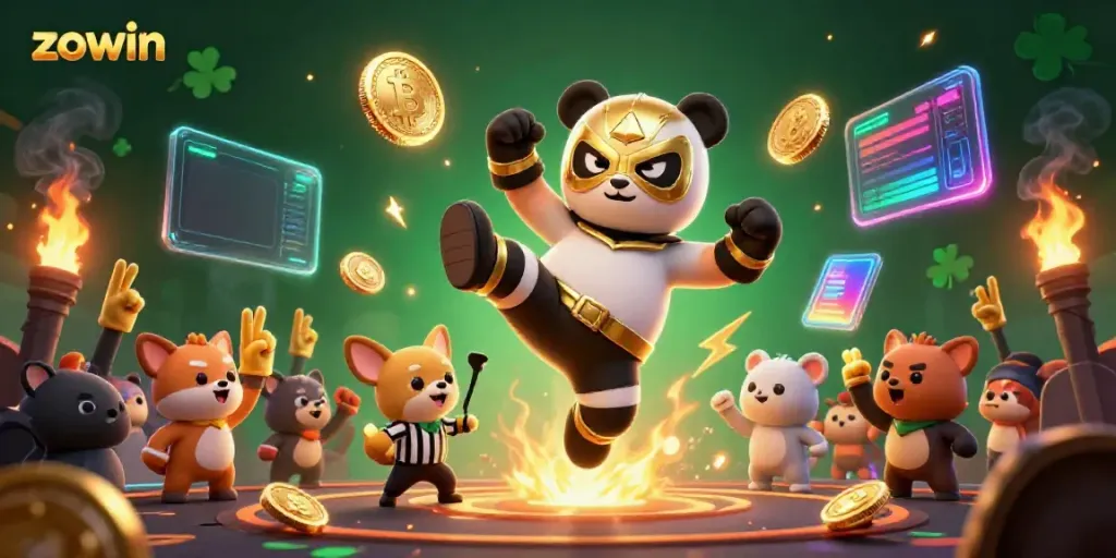 Experience thrilling moments at Zowin with dynamic gaming activities featuring a panda wrestler and vibrant crypto elements.