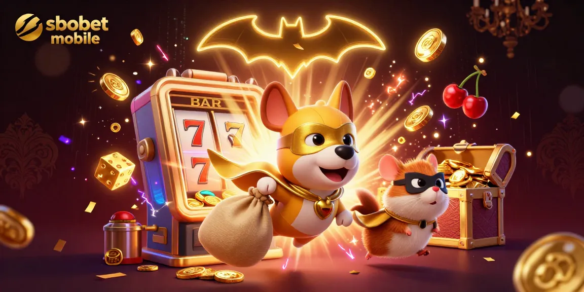 Experience sbobet mobile with a superhero dog flying through a vibrant casino-themed scene of joy and excitement.