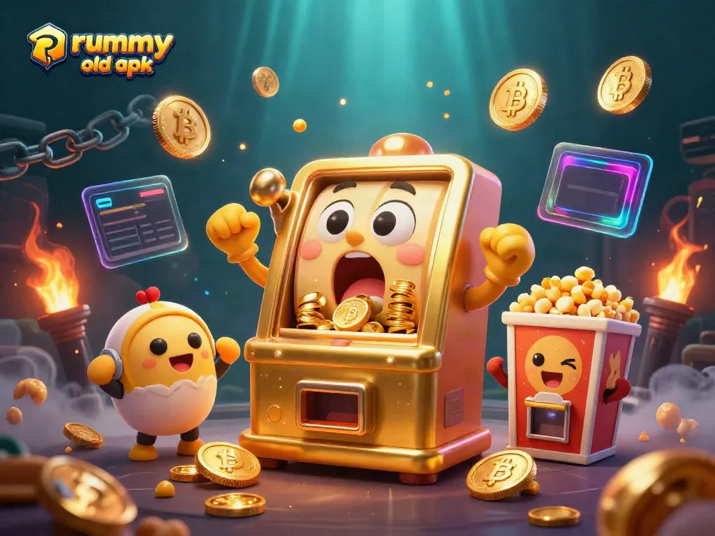 Permainan rummy old apk yang menarik dengan mesin slot kartun yang bahagia di tengah, mendorong keberuntungan bermain rummy.