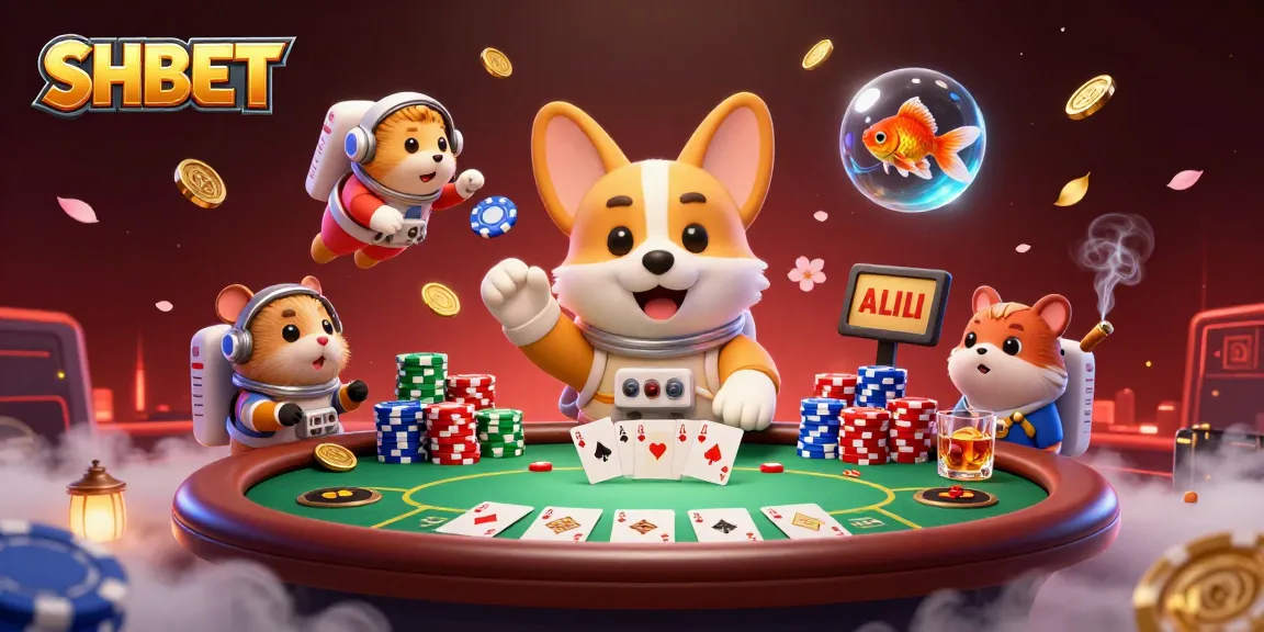 Experience dynamic gaming at SHBET with a floating corgi astronaut in a lively casino.