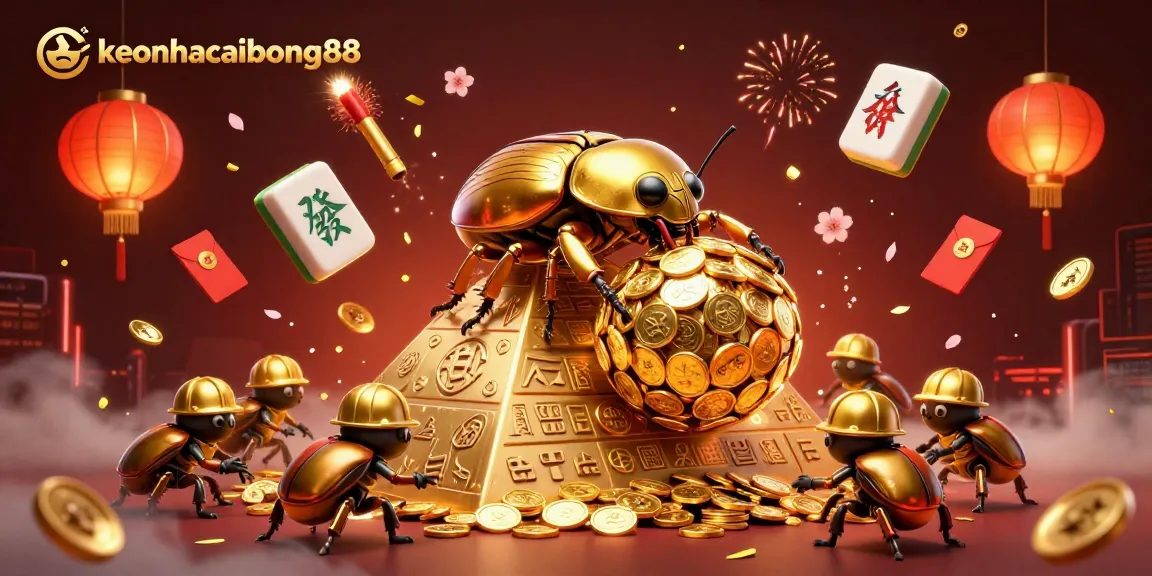 Engage with keonhacaibong88 through a captivating scene of beetles rolling golden coins in a lively casino atmosphere.