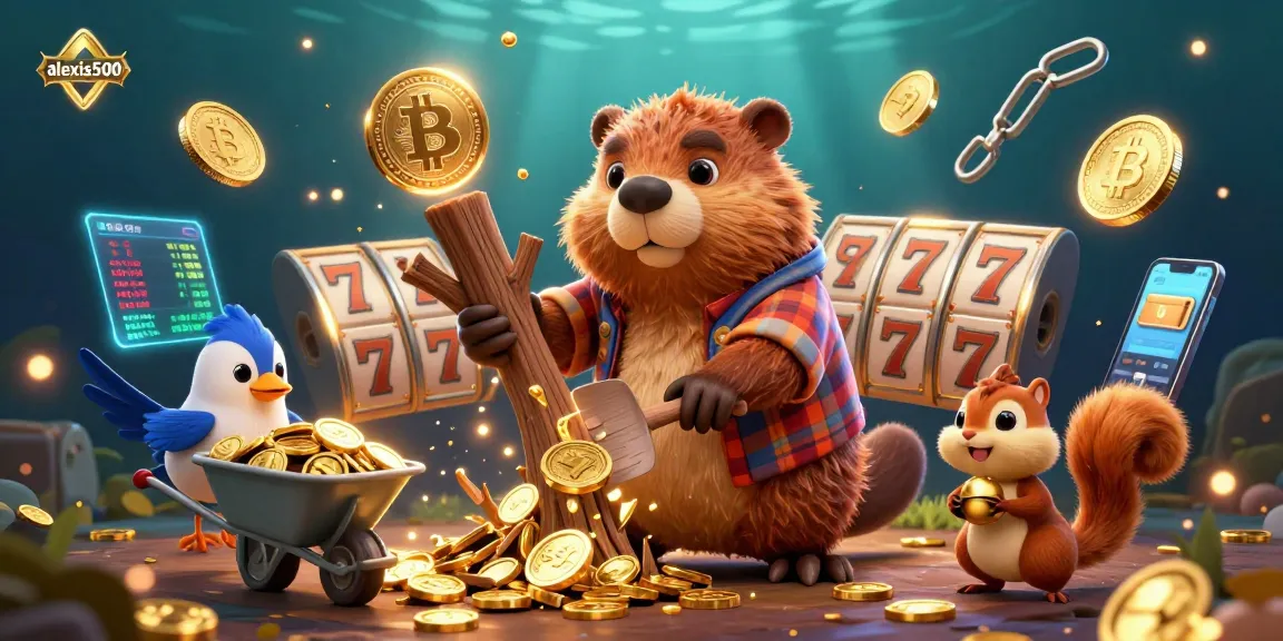 Engage with exciting slots at alexis500 while a beaver and friends gather coins in a vibrant casino scene.