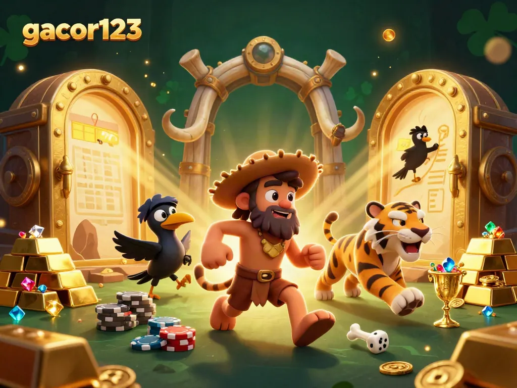 Experience the gambling excitement with gacor123 as a unique caveman casino illustration comes alive in vivid detail.