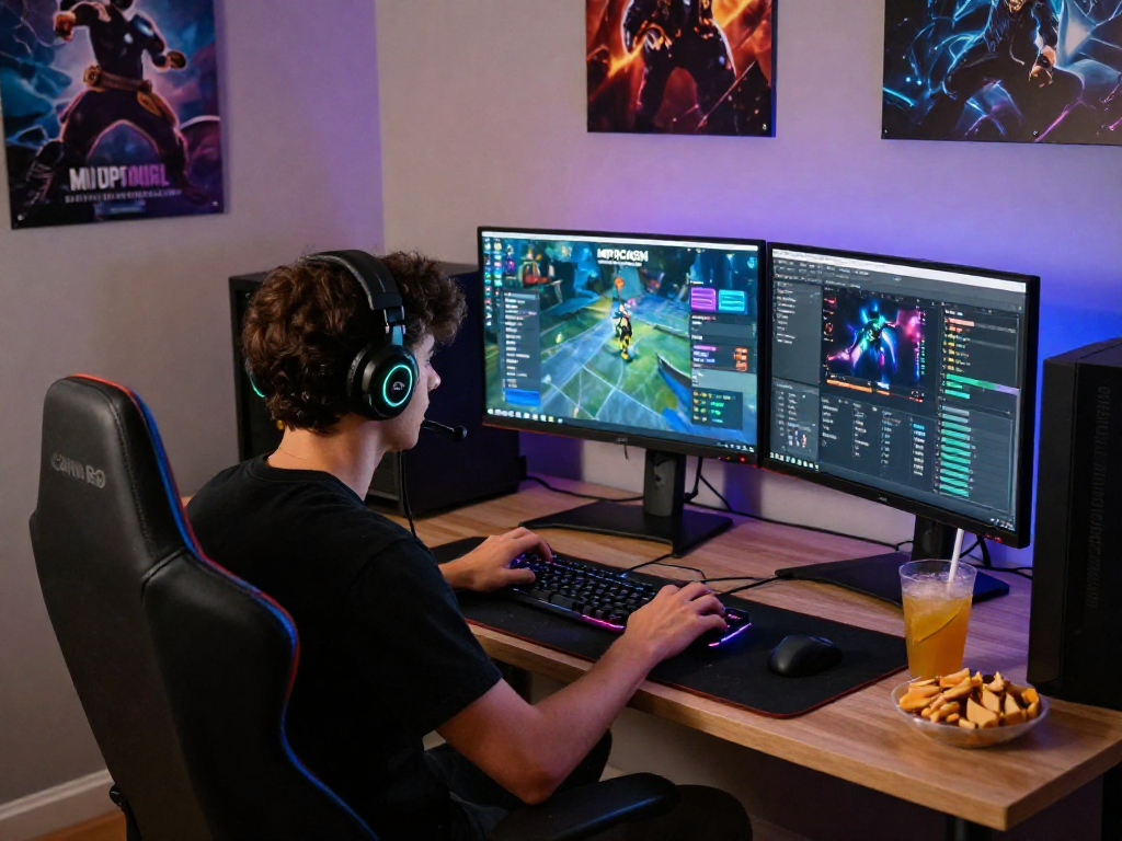 MPOCASH gaming scene showcasing an engaged gamer using mpocash.blog for an optimal online experience, complete with vibrant setup and ambient lighting.