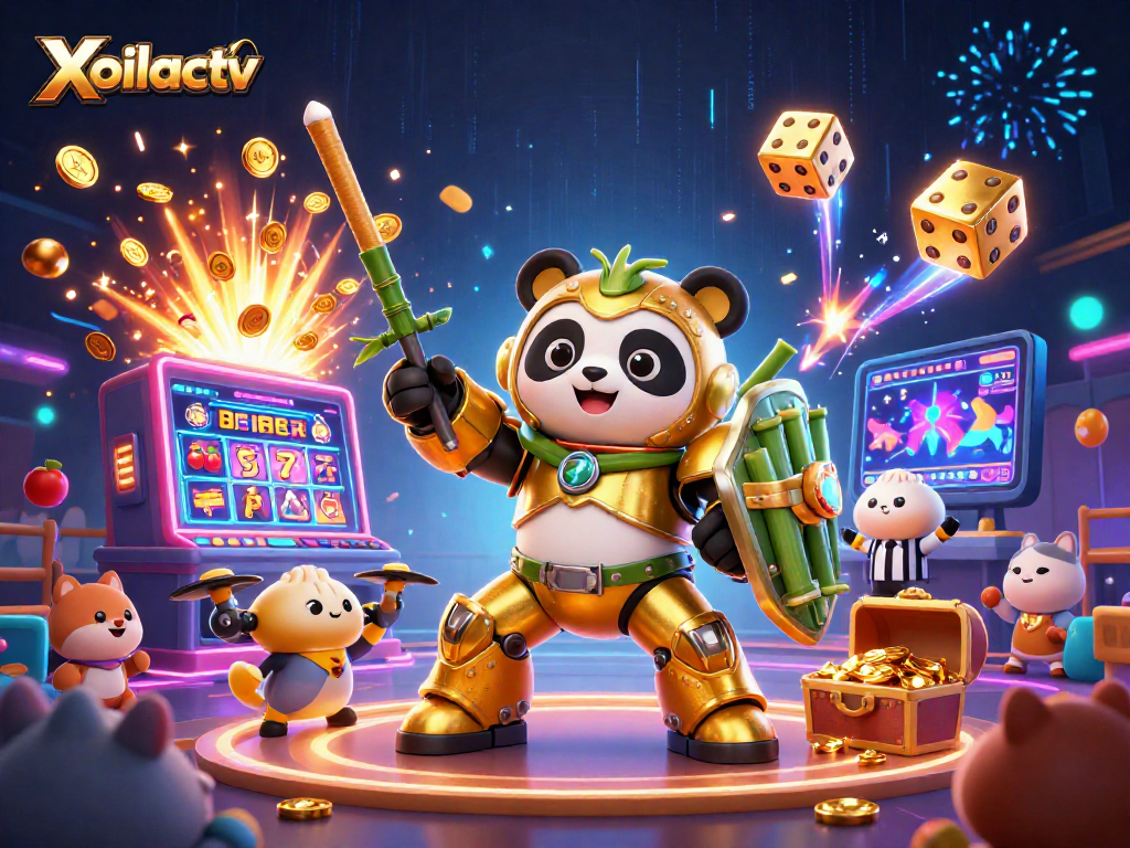 Xoilactv showcases an exciting 3D illustration of a golden panda piloting a robot in a casino theme, featuring slot machines and vibrant elements.