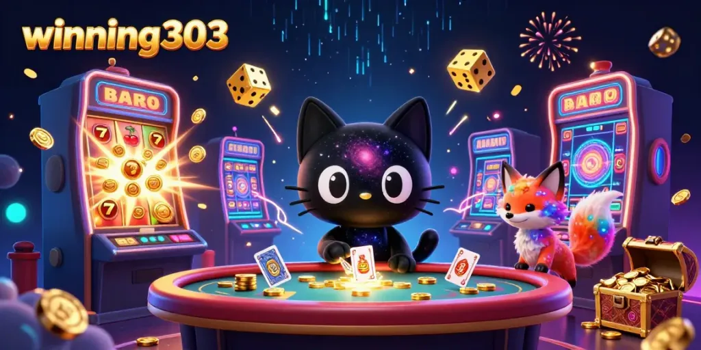 Winning303's exciting cosmic casino scene with a black hole cat and nebula fox amidst stunning gaming visuals.