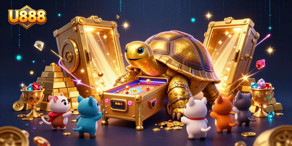 Experience thrilling gaming at U888 with our dynamic casino illustration featuring exciting elements and a golden tortoise.