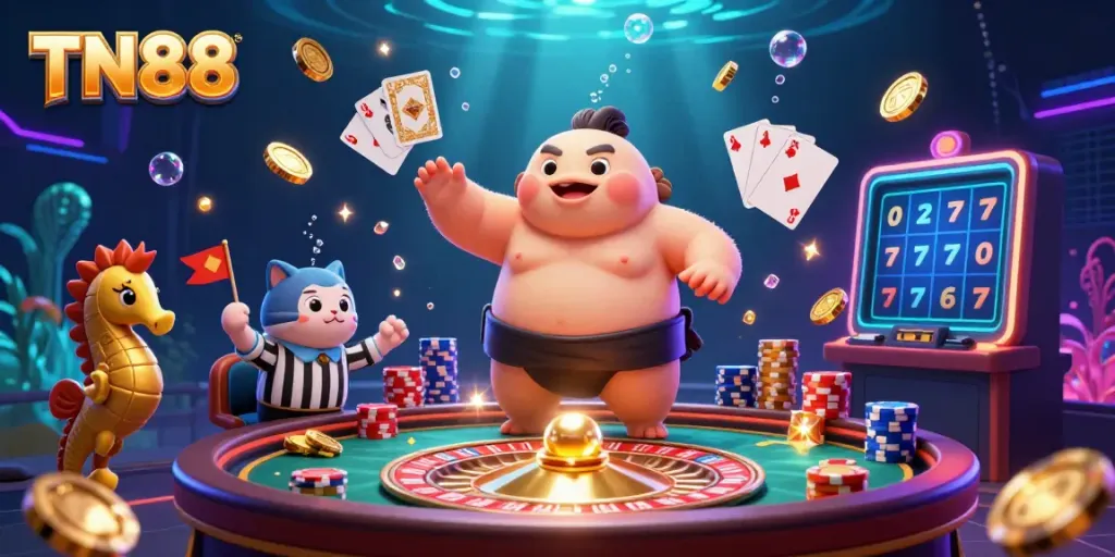 Experience the vibrant underwater thrills at TN88 with a lively casino scene including fugu, catfish, and seahorse spectators.