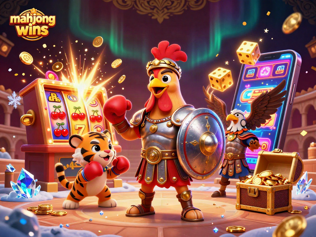 Experience mahjong wins excitement with a 3D dynamic casino scene featuring vibrant games and characters.