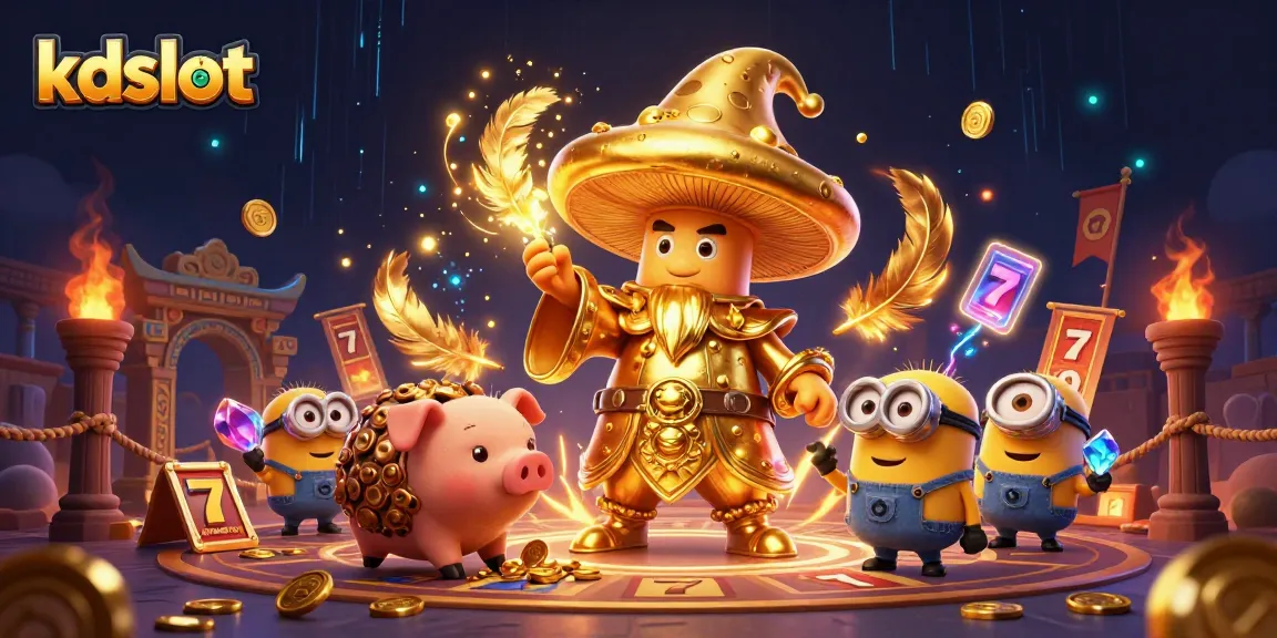 Experience magic at kdslot with golden wizard and treasures in a vibrant 3D scene.