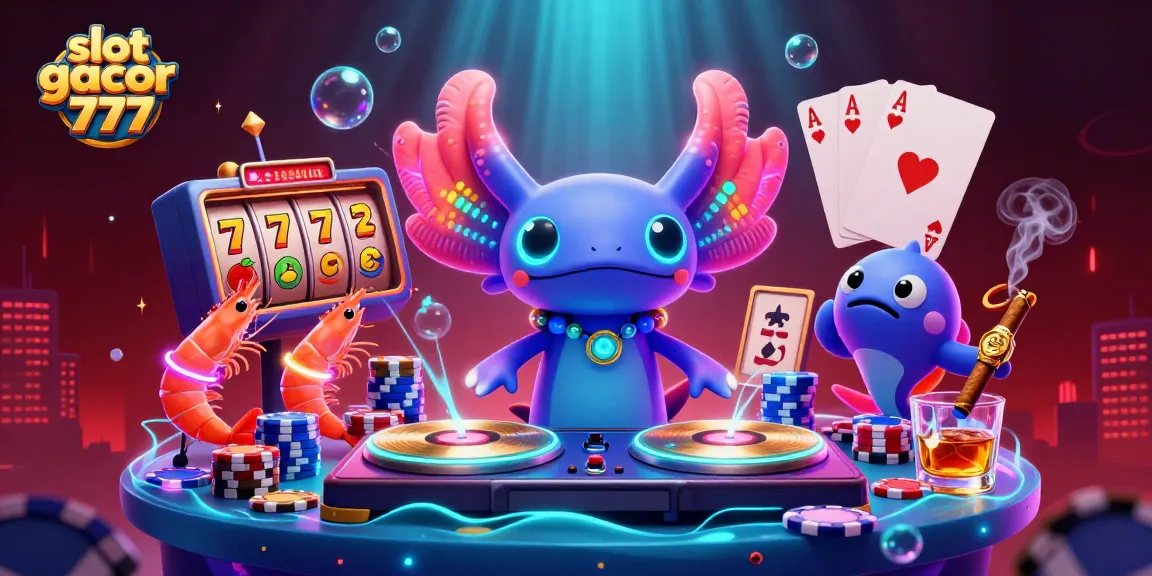 Experience vibrant slot gacor 777 action with neon axolotl DJ and colorful casino elements.