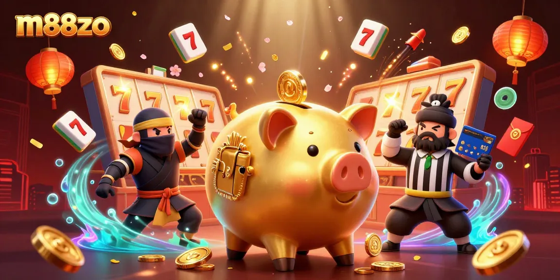 Experience the excitement of m88zo with a vibrant 3D illustration of a sumo wrestler amidst spinning slot reels and golden coins.