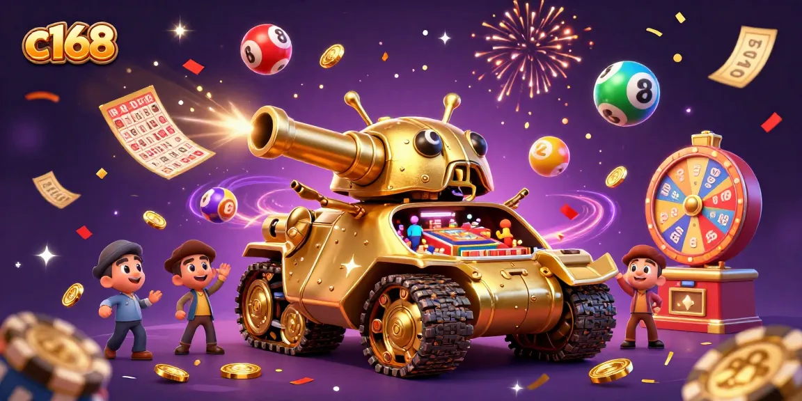 Experience thrilling gameplay at c168 with a vibrant 3D casino illustration showcasing dynamic lottery and gaming elements.