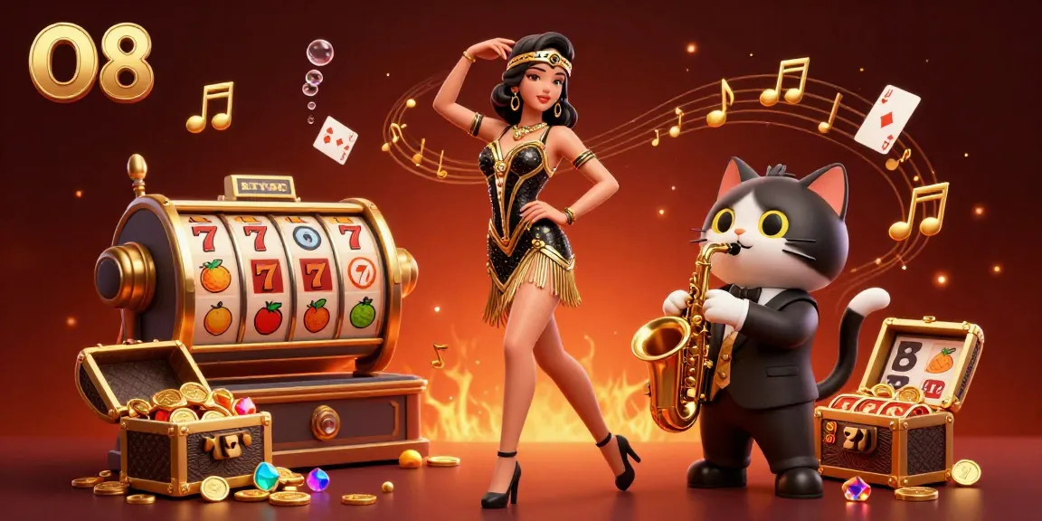 Experience O8's vibrant casino atmosphere with dazzling slot game elements and lively characters.