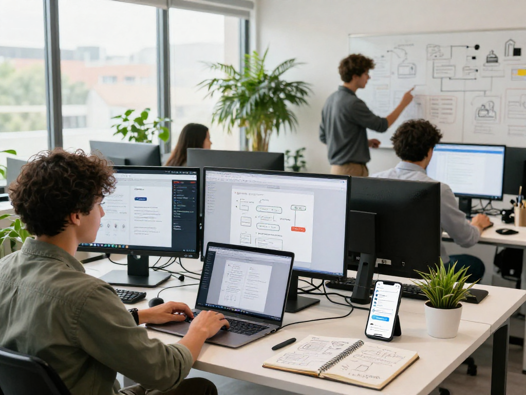 Showcasing the FairPlay app development workspace with dynamic interfaces and collaborative atmosphere.