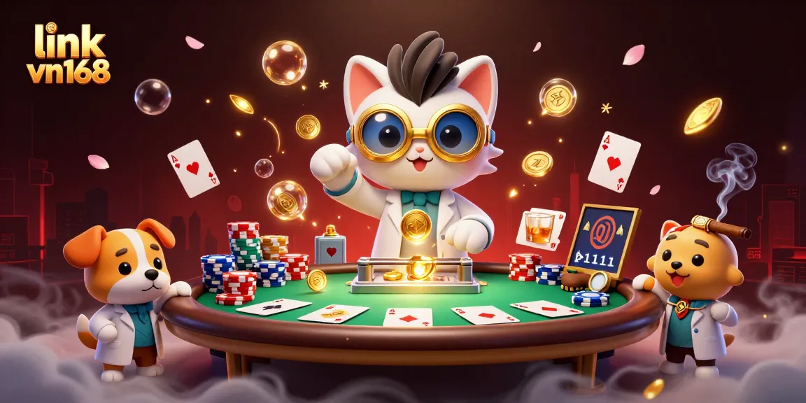 Experience thrilling action at link vn168 with a cartoon mad scientist and lab assistant creating coins amidst dynamic casino elements.