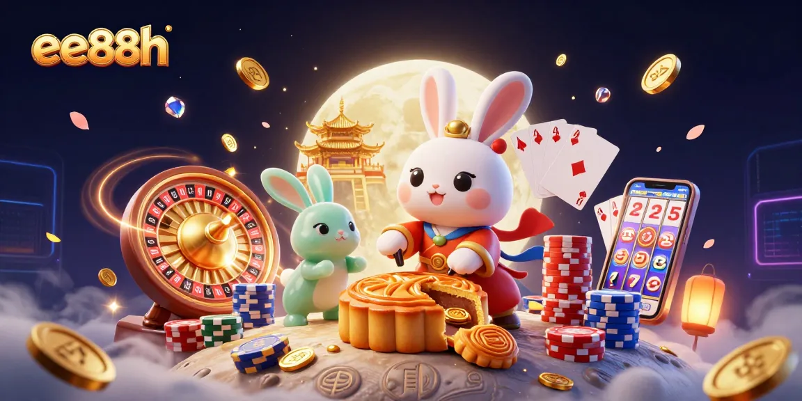 Experience the thrill of gambling at ee88h featuring a whimsical moon rabbit scene with poker chips and riches.
