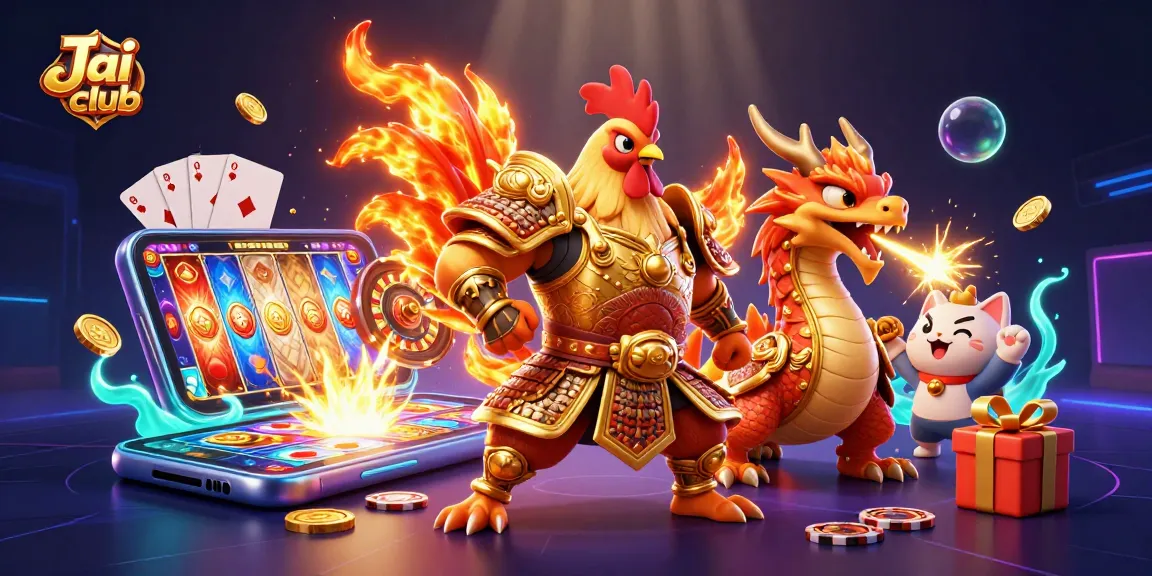 Join the action at Jai club with vibrant gambling elements, featuring a fighting rooster and dragon!
