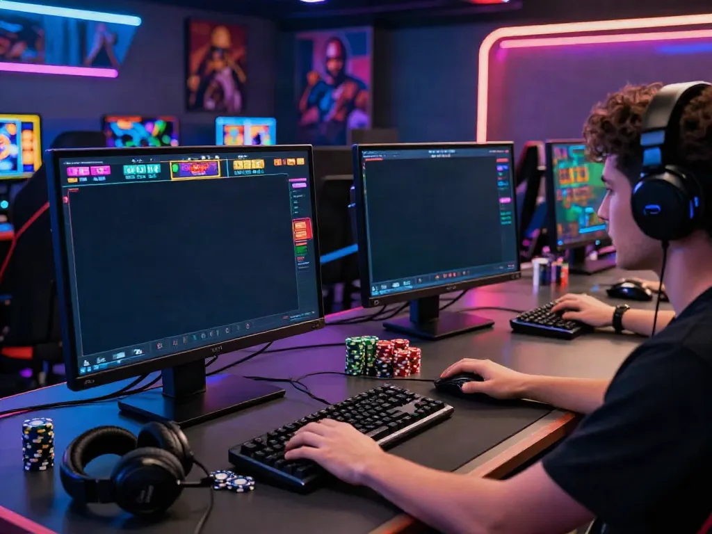 A person engaging in online gambling activities at a stylish gaming setup featuring akunjp.