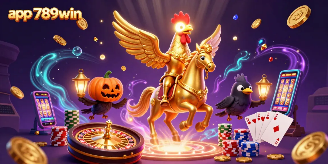 Experience the thrill of app 789win with a golden rooster and spectral casino scene.