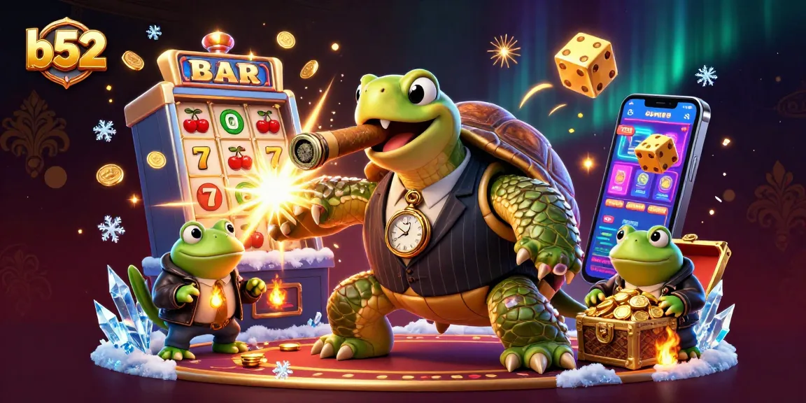 B52 online casino featuring a vintage mobster turtle with jackpot symbols amidst vibrant gaming action.