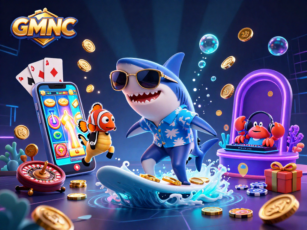 Spin to win with GMNC while a vibrant shark and seahorse celebrate in an engaging casino scene.