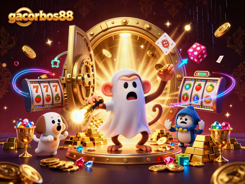 Engage with gacorbos88 as a playful poltergeist monkey juggles coins in an exciting casino.