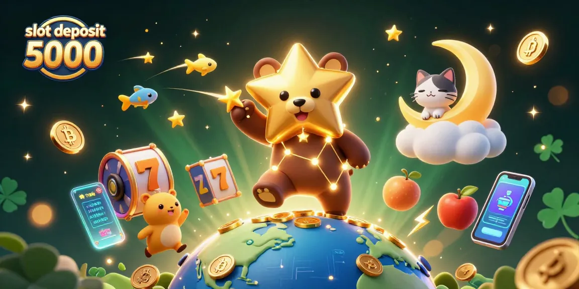 Experience winning moments with slot deposit 5000, featuring vivid casino elements and cosmic characters.