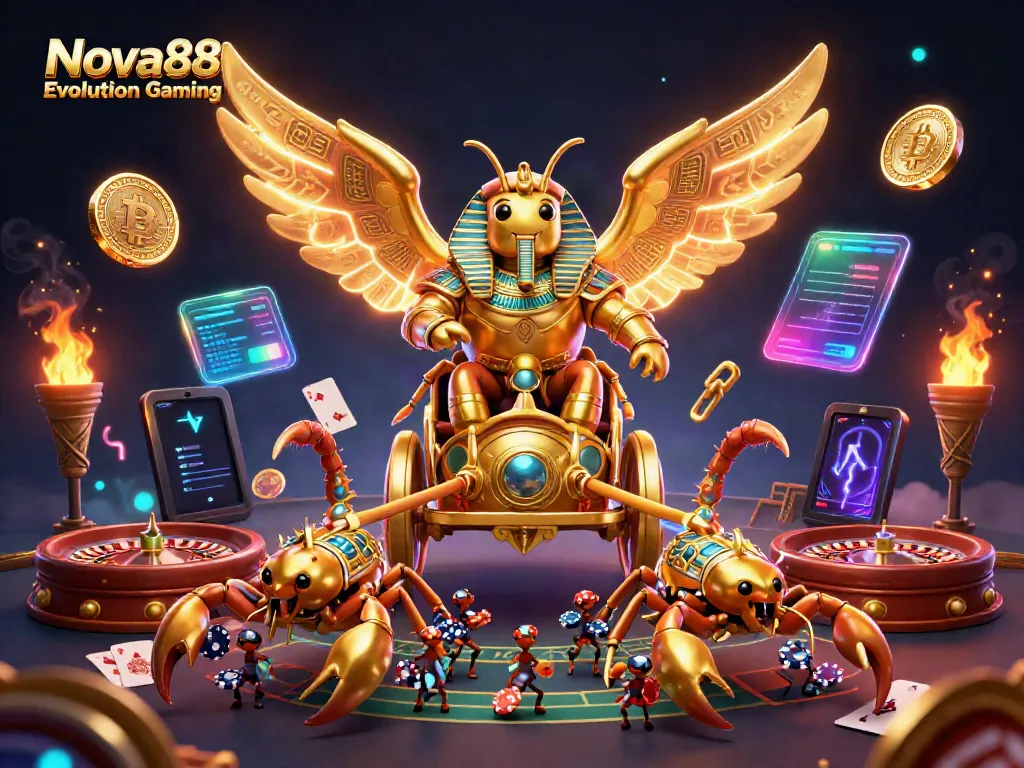 Experience the excitement of Nova88 Evolution Gaming with a dynamic scene of a golden scarab beetle and casino elements.