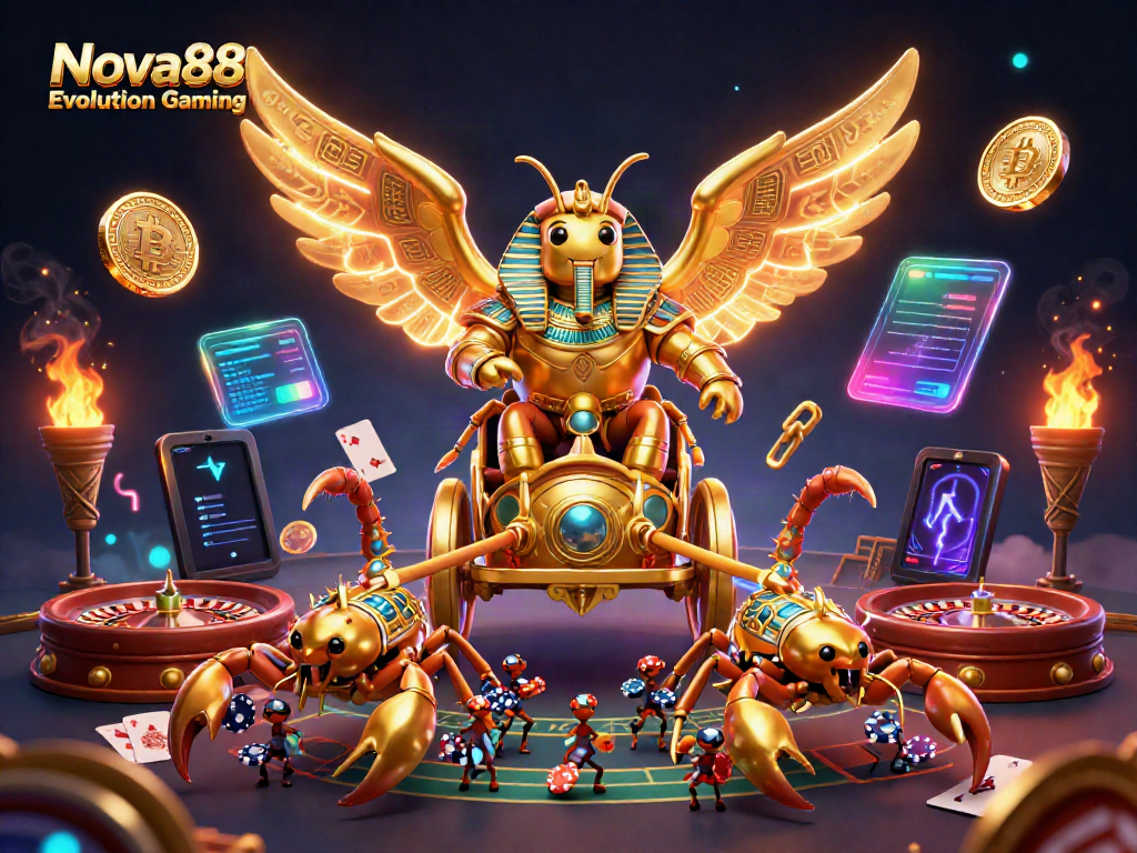 Experience the excitement of Nova88 Evolution Gaming with a dynamic scene of a golden scarab beetle and casino elements.
