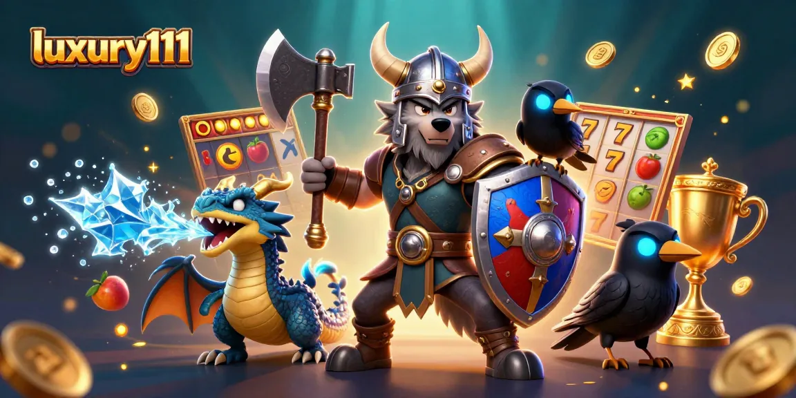 Join the excitement with luxury111 as the Viking wolf warrior battles alongside a fierce dragon and raven amidst vibrant slot games.