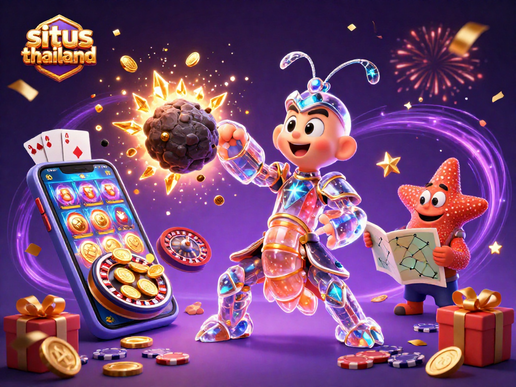 Experience big wins with situs thailand in this vivid slot gaming illustration featuring vibrant 3D characters.