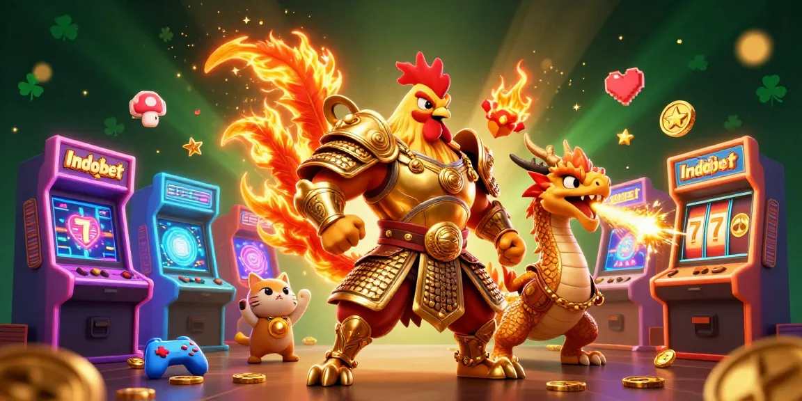 Menangkan permainan di Indobet dengan ilustrasi 3D ayam jantan dan naga di suasana kasino.