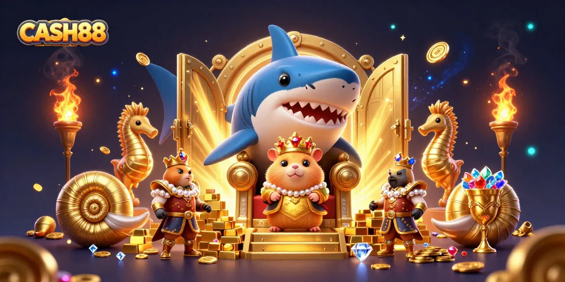 CASH88 Throne Scene: Golden hamster king ruling atop a megalodon throne, surrounded by treasure and gems