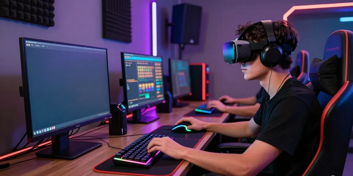 Excited gamer playing qqmacan slot game in a modern gaming lounge with high-end peripherals.