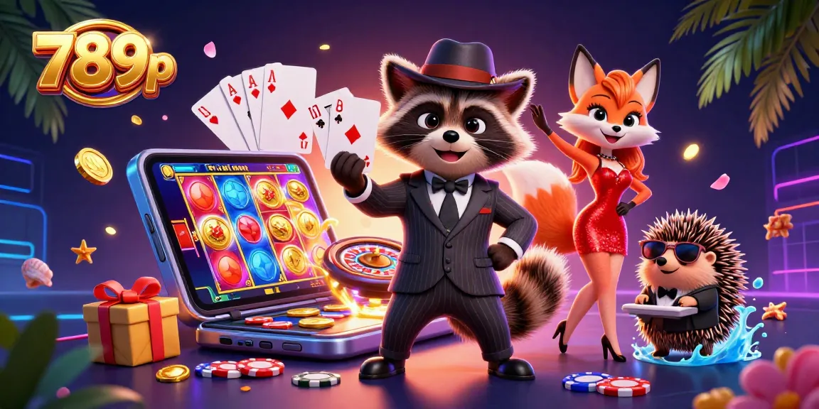 Dynamic casino scene with a suave raccoon, charming fox, and hedgehog, enjoying 789p gaming excitement.