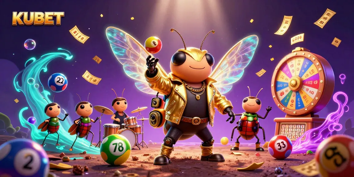 KUBET casino scene featuring a rock star cicada and vibrant casino elements like lottery balls and prize wheels.